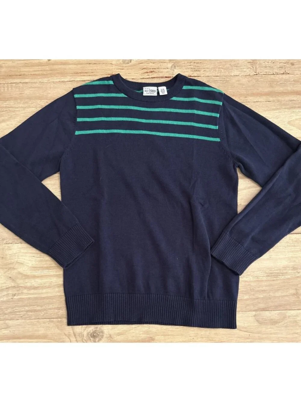 The Children's Place Sweater L 10/12 Navy Blue Green Striped Long Sleeve NEW